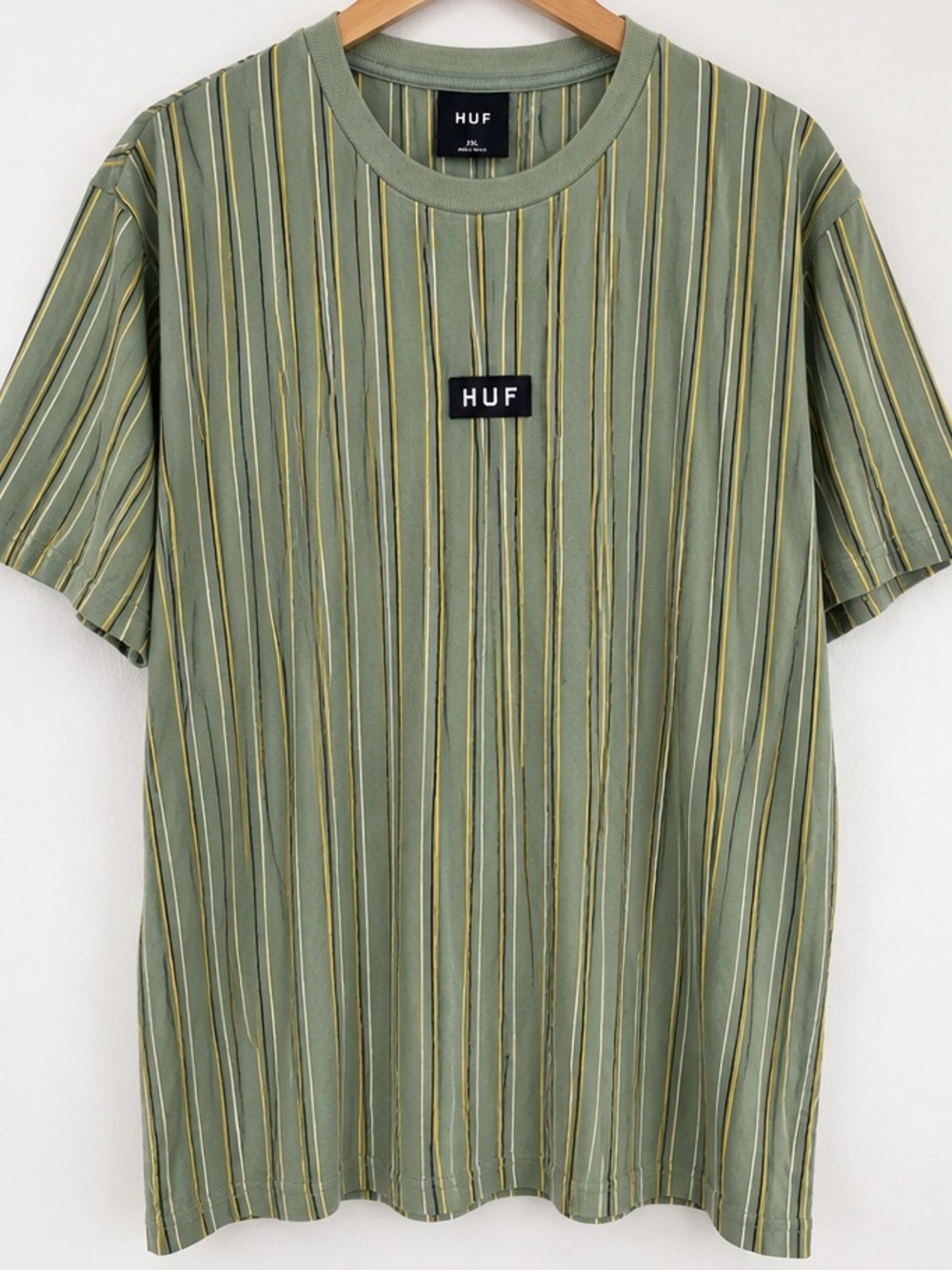 HUF Olive Green Striped Short-Sleeve Tee with Yellow & Black Accents